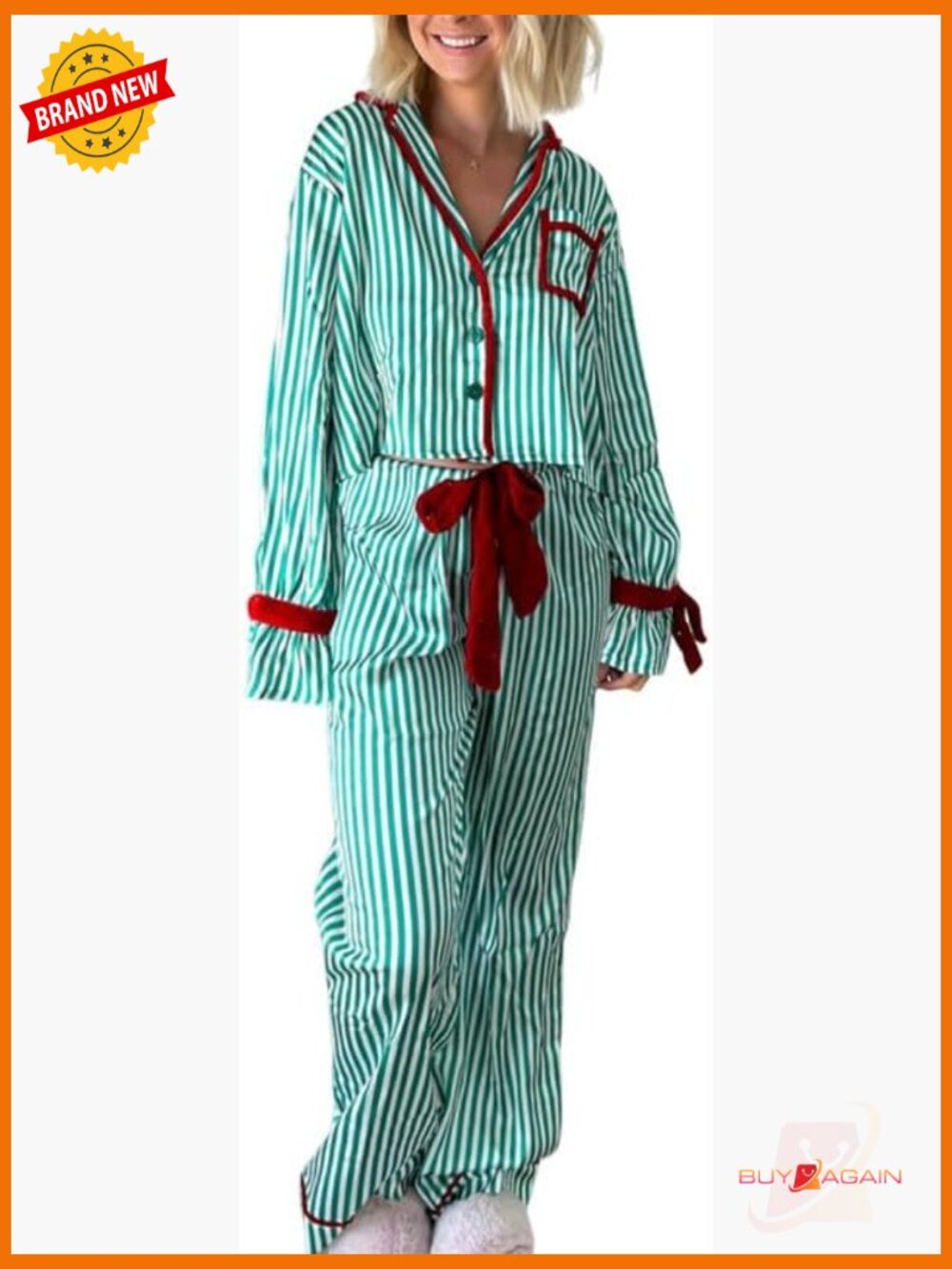 Christmas Satin Pajama Set - Long Sleeve Top & Pants - Loungewear